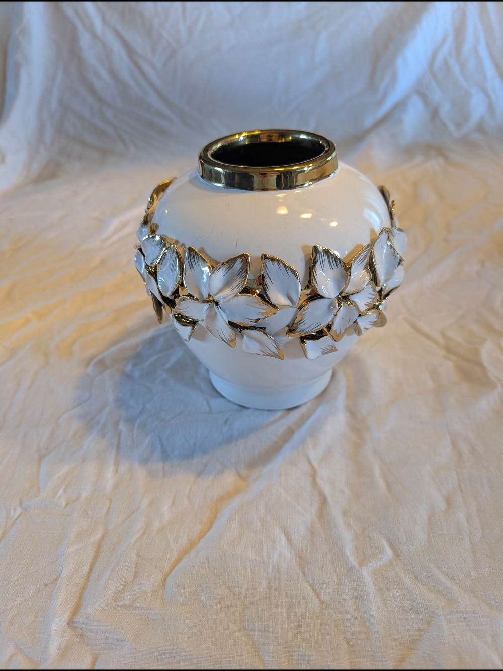 2/30$ Vintage White Ceramic Vase with Gold Floral Trim